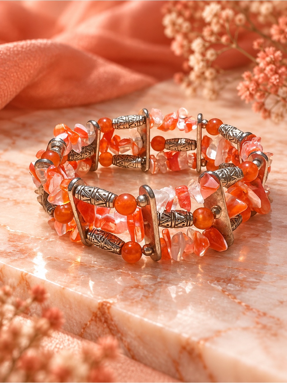 Orange Carnelian Multi-Strand Stretch Bracelet - Women Jewelry, Handcrafted